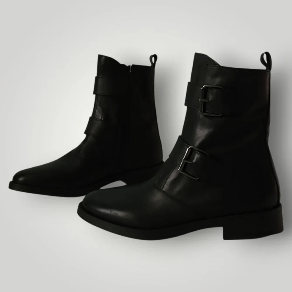 Emanuele Crasto Black Leather‎ Buckle Boots 38 US 8 Made Italy Mob Wife Moto